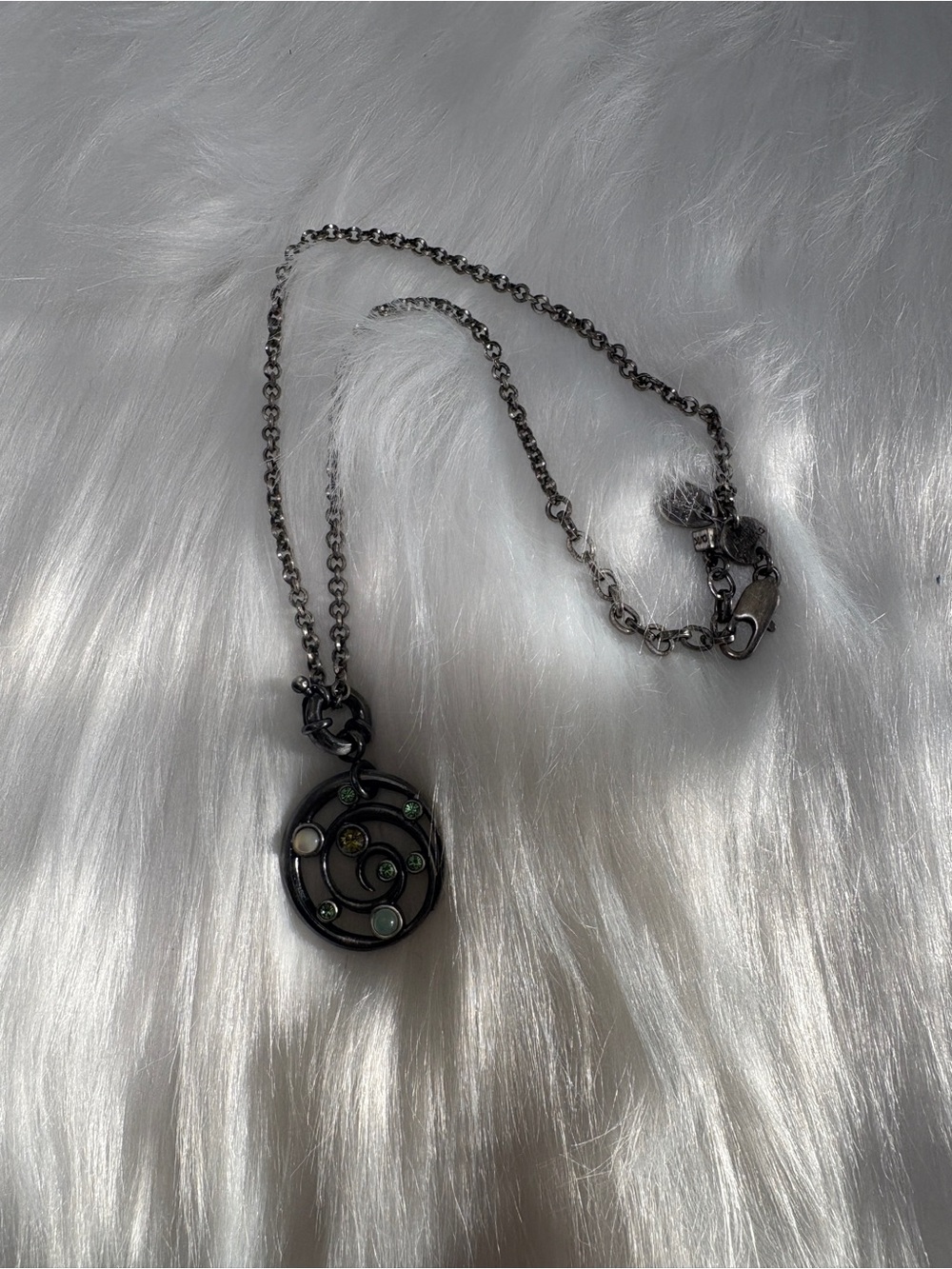 Gunmetal Spiral Pendant Necklace with Green Accents by